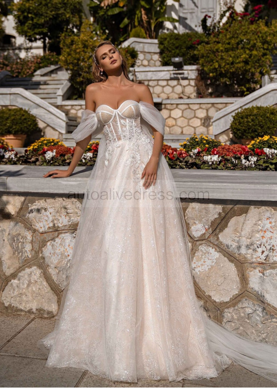 Off Shoulder Beaded Lace Tulle Princess Wedding Dress